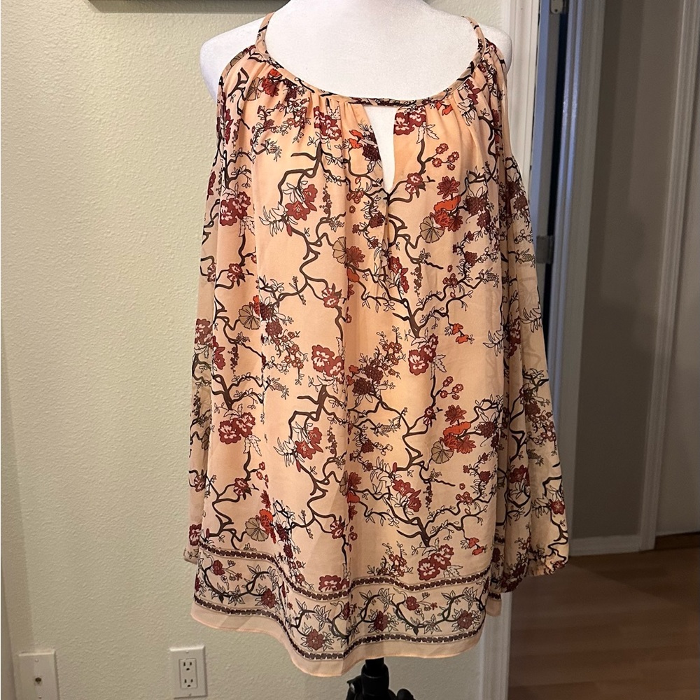 Coral Floral Cold Shoulder Keyhole Front Boho Tunic